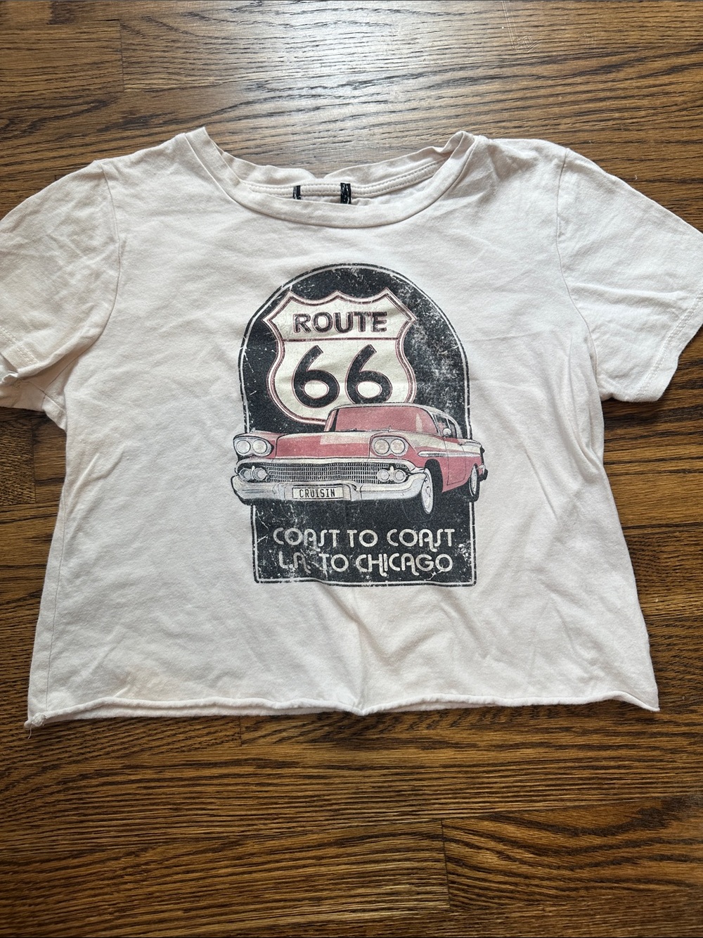 Cropped Route 66 Graphic Tee - off White with Pink Car
